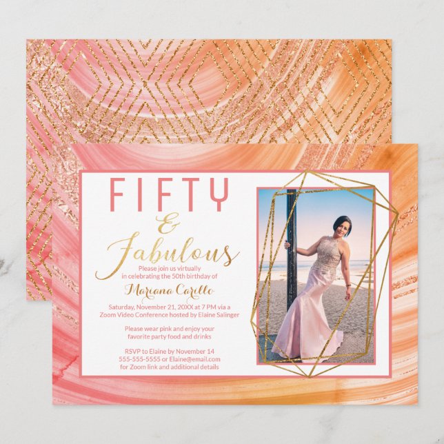 Invitación Rosa Purpurina de oro virtual 50 y fabuloso cumple (Anverso / Reverso)