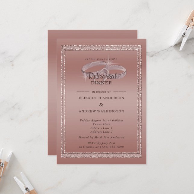 Invitación Rosa Purpurina de oro y anillos plateados Ensayo d (Anverso/Reverso In Situ)
