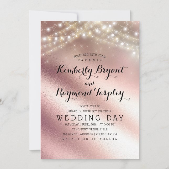 Invitación Rosa Purpurina de oro y Boda de luces de anillo (Anverso)