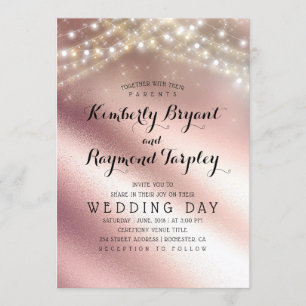 Invitación Rosa Purpurina de oro y Boda de luces de anillo