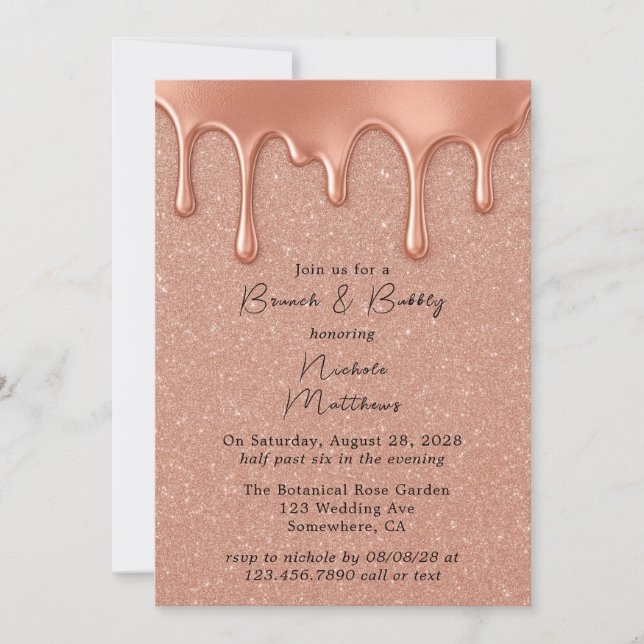 Invitación Rosa Purpurina de oro y brunch y burbuja (Anverso)