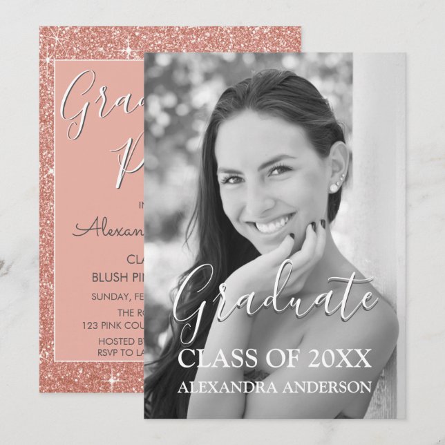 Invitación Rosa Purpurina de Oro y fiesta de graduación de fo (Anverso / Reverso)