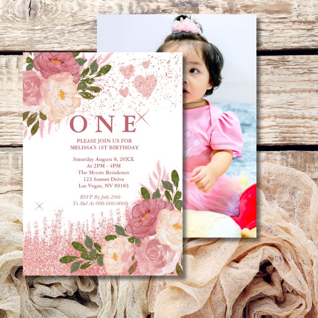Invitación Rosa Purpurina De Oro Y Glam Foto De Primer Cumple (Subido por el creador)
