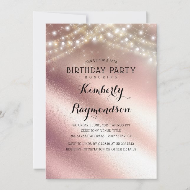 Invitación Rosa Purpurina de oro y luces de anillo Cumpleaños (Anverso)