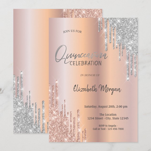 Invitación Rosa Purpurina de plata de oro perfora Quinceañera (Anverso / Reverso)