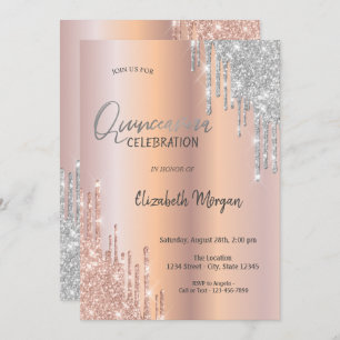 Invitación Rosa Purpurina de plata de oro perfora Quinceañera