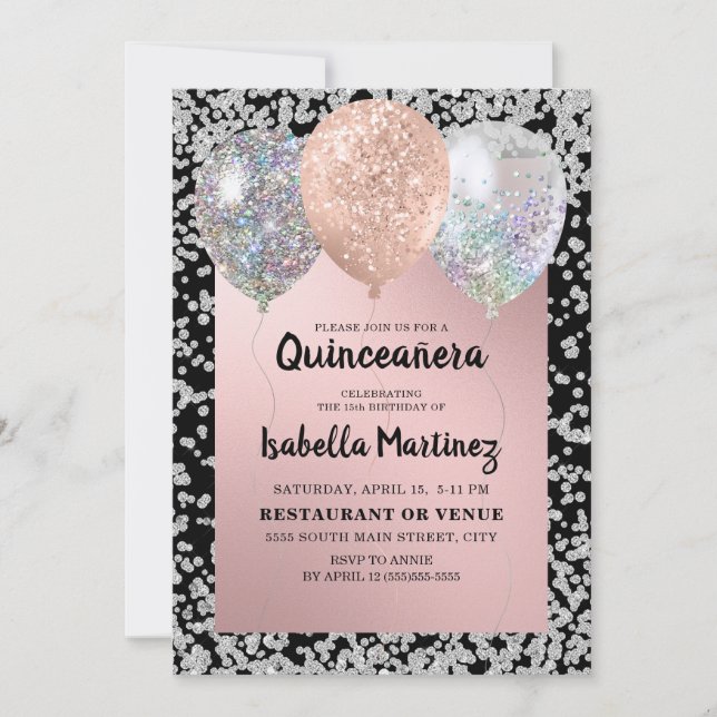 Invitación Rosa Purpurina de Plata Dorada Globos Quinceañera (Anverso)