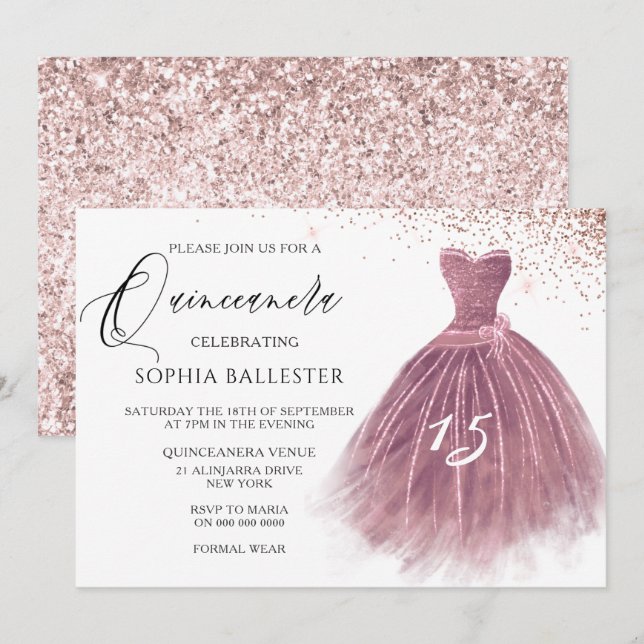 Invitación Rosa Purpurina de Rubor Gown Quinceanera Fiesta (Anverso / Reverso)
