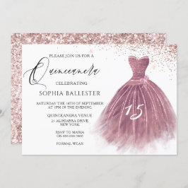 Invitación Rosa Purpurina de Rubor Gown Quinceanera Fiesta