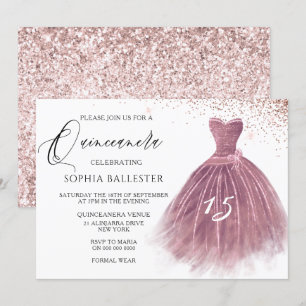 Invitación Rosa Purpurina de Rubor Gown Quinceanera Fiesta