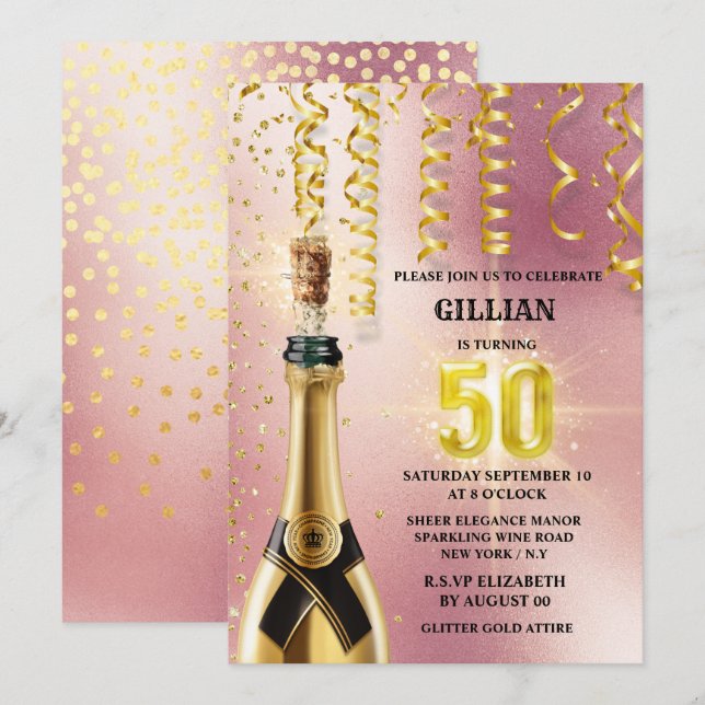 Invitación Rosa purpurina de vino espumoso de oro (Anverso / Reverso)