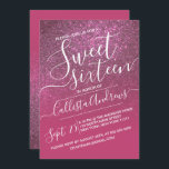 Invitación Rosa Purpurina De Vino Rosado Ombre Sweet 16<br><div class="desc">Esta elegante, femenina y dulce moda, invitación a la fiesta de dieciséis años, es perfecta para el joven chica moderno y elegante. Representa un falso rosa impreso de purpurina brillante rosa rosa y gradiente de color oscuro con una configuración de tipografía de escritura cursiva personalizado. Es un toque glamuroso, femenino,...</div>