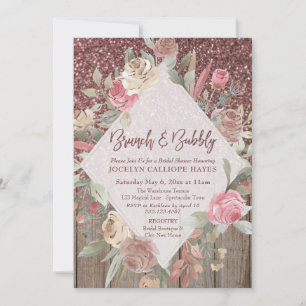 Invitación Rosa Purpurina Dorado Barn Wood Brunch & Bubbble