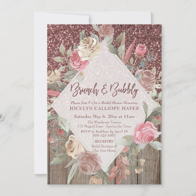 Invitación Rosa Purpurina Dorado Barn Wood Floral Brunch & Bu (Anverso)