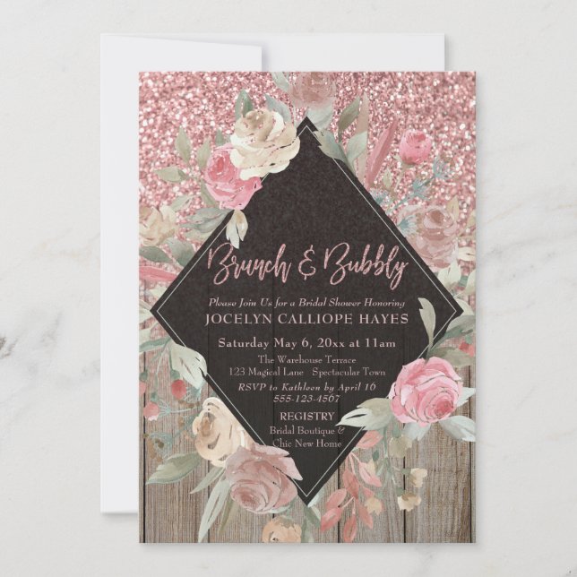 Invitación Rosa Purpurina Dorado Barn Wood Floral Brunch & Bu (Anverso)