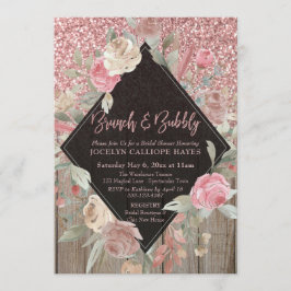 Invitación Rosa Purpurina Dorado Barn Wood Floral Brunch & Bu