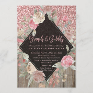 Invitación Rosa Purpurina Dorado Barn Wood Floral Brunch & Bu