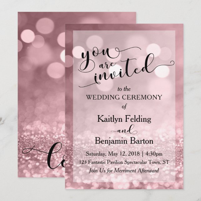 Invitación Rosa Purpurina Dorado Boda De Bokeh Está Invitado (Anverso / Reverso)
