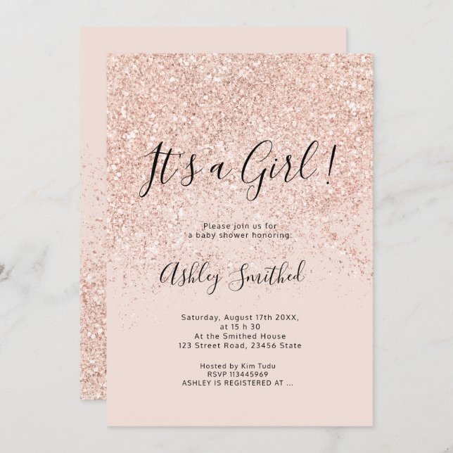 Invitación Rosa purpurina dorado chispa chica rosa ducha bebé (Anverso / Reverso)