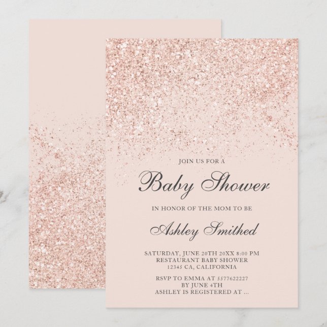 Invitación Rosa purpurina dorado chispa ducha de bebé rubia (Anverso / Reverso)