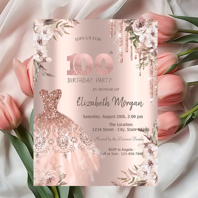 Invitación Rosa Purpurina Dorado Drips Vestido Floral 100 (Subido por el creador)