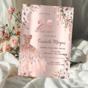 Invitación Rosa Purpurina Dorado Drips Vestido Floral 25 cump