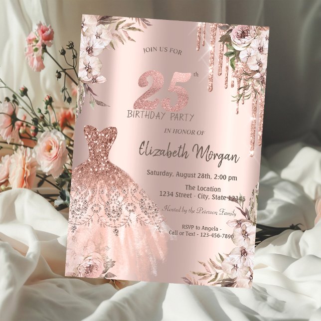 Invitación Rosa Purpurina Dorado Drips Vestido Floral 25 cump (Subido por el creador)