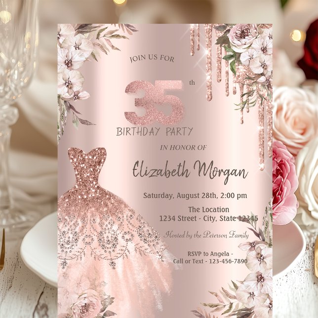 Invitación Rosa Purpurina Dorado Drips Vestido Floral 35º cum (Subido por el creador)