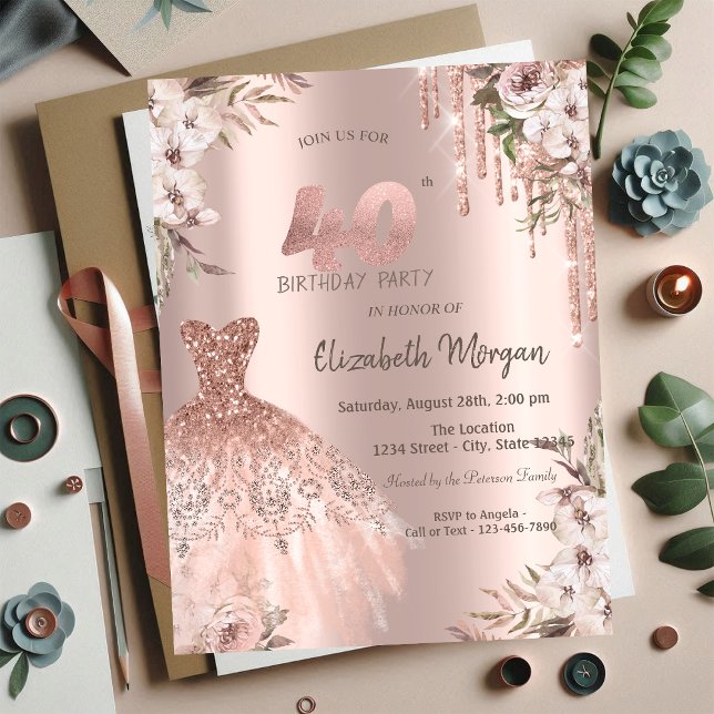Invitación Rosa Purpurina Dorado Drips Vestido Floral 40 cump (Subido por el creador)