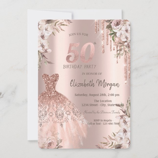 Invitación Rosa Purpurina Dorado Drips Vestido Floral 50 cump (Anverso)