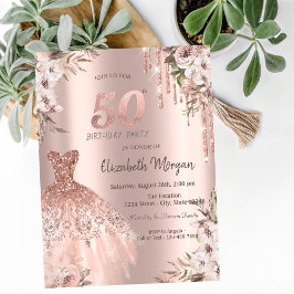 Invitación Rosa Purpurina Dorado Drips Vestido Floral 50 cump