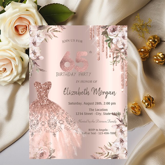 Invitación Rosa Purpurina Dorado Drips Vestido Floral 65º cum (Subido por el creador)