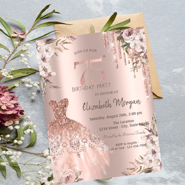 Invitación Rosa Purpurina Dorado Drips Vestido Floral 75º cum (Subido por el creador)