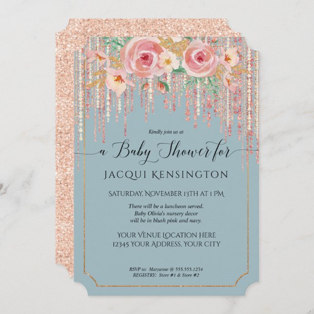 Invitación Rosa Purpurina dorado Dusty Blue Rubor Floral Show (Anverso / Reverso)