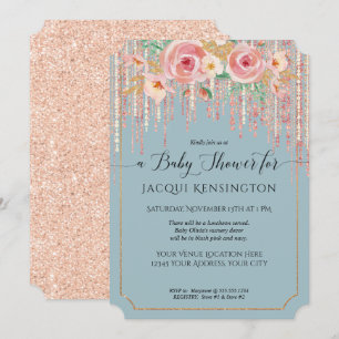Invitación Rosa Purpurina dorado Dusty Blue Rubor Floral Show