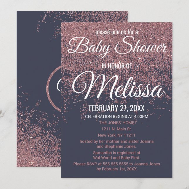 Invitación Rosa Purpurina dorado esparce Baby Shower azul de  (Anverso / Reverso)