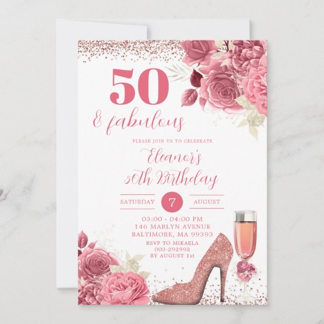 Invitación Rosa purpurina Dorado Floral Stiletto Cualquier Ed (Anverso)