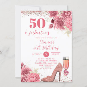 Invitación Rosa purpurina Dorado Floral Stiletto Cualquier Ed