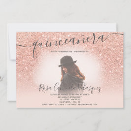 Invitación Rosa purpurina dorado foto rosa quinceañera rosa