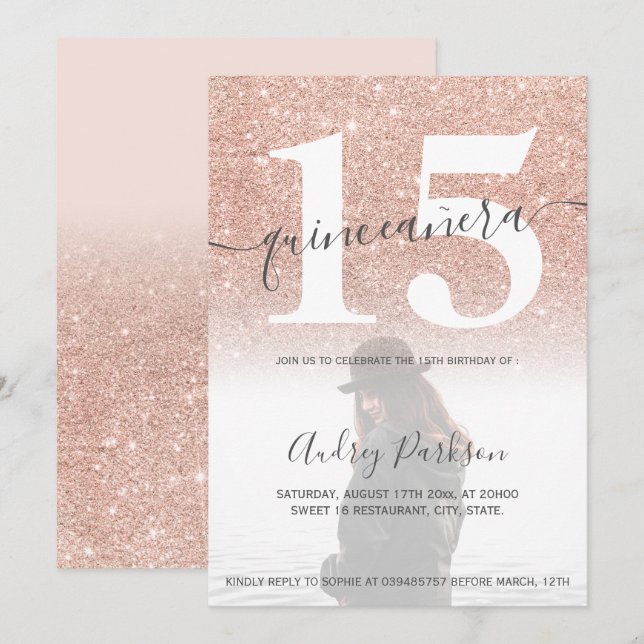 Invitación Rosa purpurina dorado foto rosa quinceañera rosa (Anverso / Reverso)