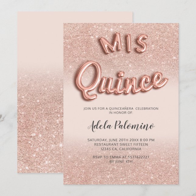 Invitación Rosa purpurina dorado globos rojos Quinceañera (Anverso / Reverso)