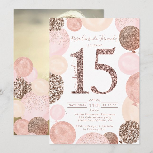 Invitación Rosa purpurina dorado globos rosados Fotografía de (Anverso / Reverso)