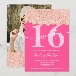 Invitación Rosa purpurina dorado gotea foto neón rosa dulce 1