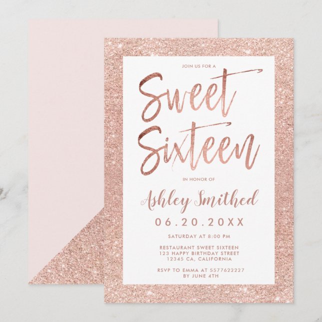 Invitación Rosa purpurina dorado marco rubor rosa dulce dieci (Anverso / Reverso)