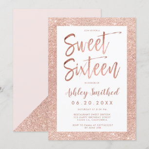Invitación Rosa purpurina dorado marco rubor rosa dulce dieci