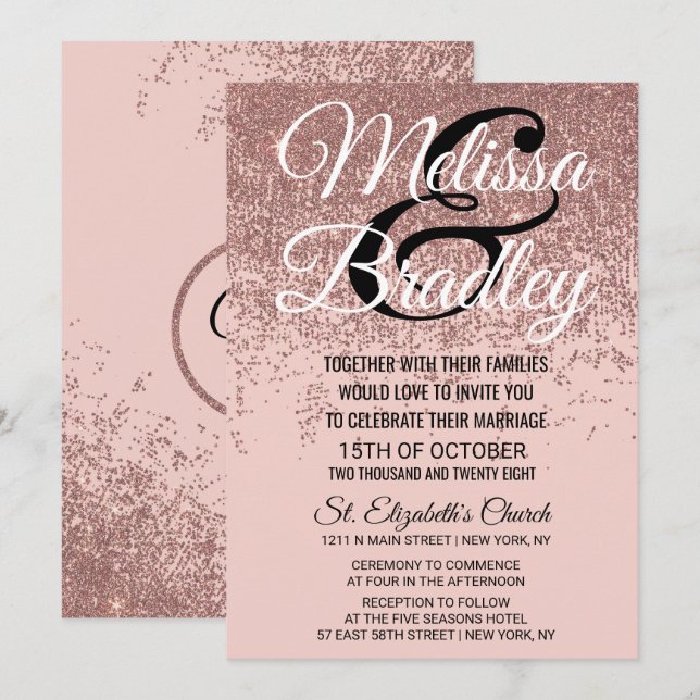 Invitación Rosa Purpurina dorado paraliza a Boda rosa Rubor (Anverso / Reverso)