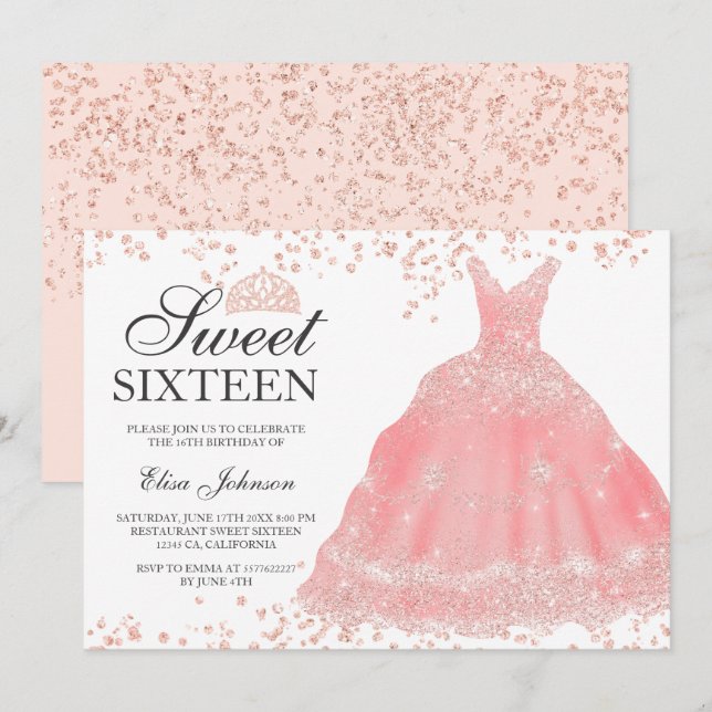 Invitación Rosa purpurina dorado rubor vestido tiara Sweet 16 (Anverso / Reverso)