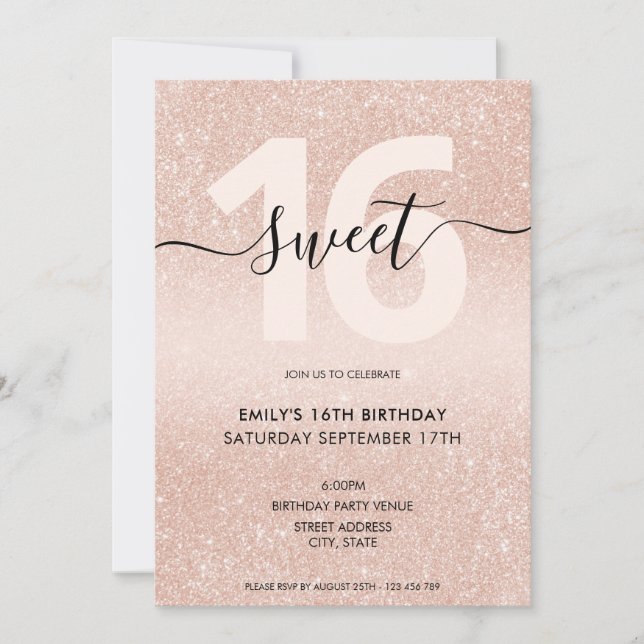Invitación Rosa Purpurina dorado Sweet 16 (Anverso)