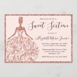 Invitación Rosa Purpurina Dorado Vestido Dulce Dieciséis Cump