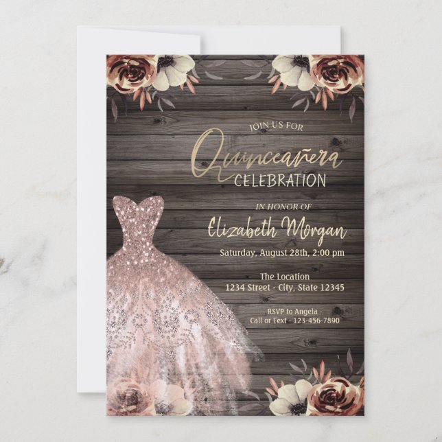 Invitación Rosa Purpurina Dorado Vestido Flores Madera Quince (Anverso)